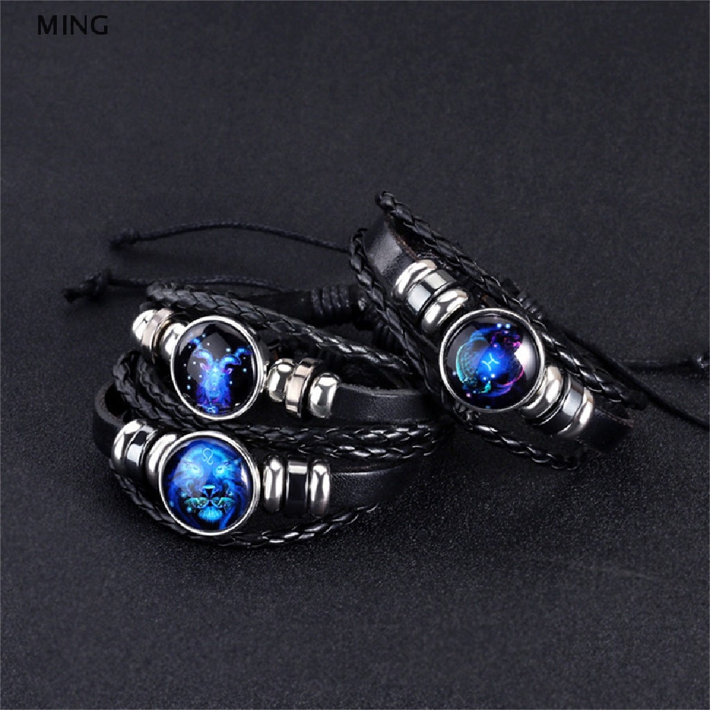 Vòng Đeo Tay Dây Da Bện Mặt 12 Cung Hoàng Đạo Thời Trang Dành Cho Nam