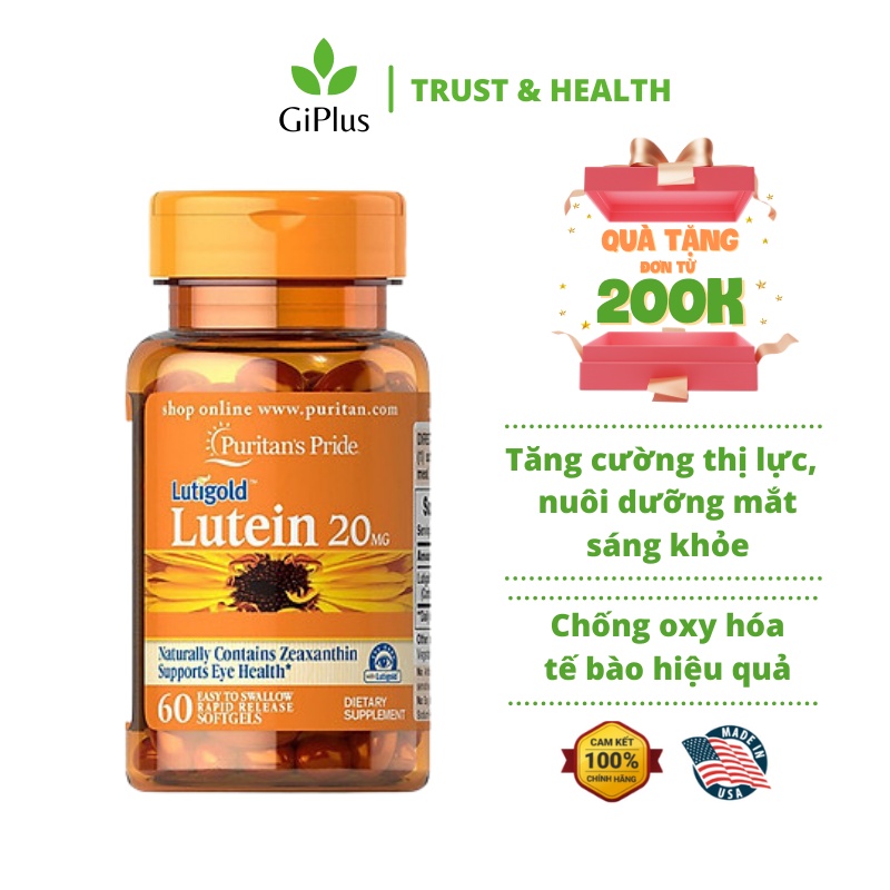 Viên Uống Bổ Mắt, Tăng Cường Thị Lực Puritan’s Pride Lutigold Lutein 20mg (60 Viên/Lọ)