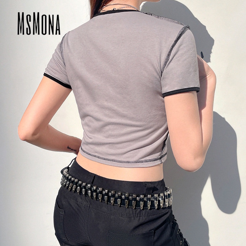 MsMona Áo Thun Ngắn Tay Phối Màu Tương Phản Thời Trang Đường Phố Cá Tính Cho Nữ 2023