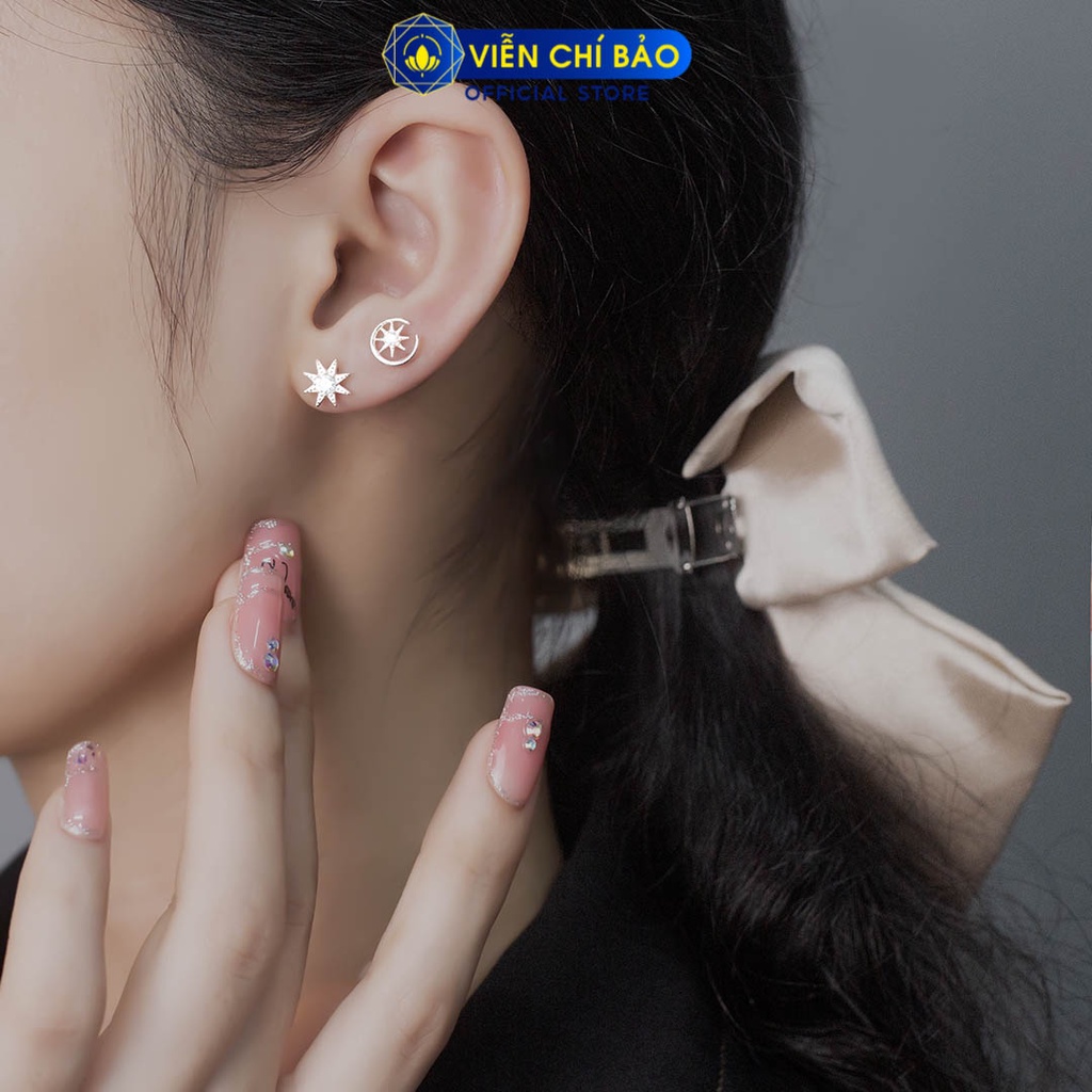 Khuyên tai bạc nữ trăng sao đối xứng chất liệu bạc 925 thời trang phụ kiện trang sức Viễn Chí Bảo E017
