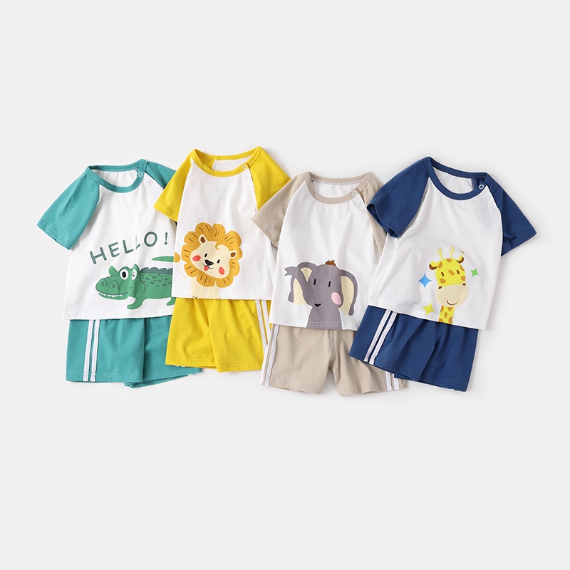 Bộ Áo Thun Ngắn Tay + Quần Short Cotton Mềm Thoáng Khí In Hình Cá Sấu / Voi Hoạt Hình Thời Trang Mùa