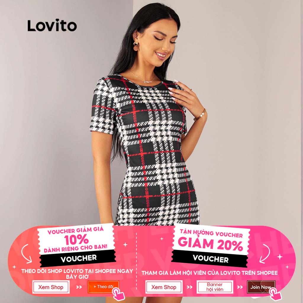Lovito Đầm Tay Ngắn Cổ Tròn Họa Tiết Kẻ Sọc Màu Đen Thanh Lịch Dành Cho Nữ L20D1579