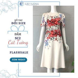 Đầm nữ thiết kế tặng bà, tặng mẹ họa tiết hoa đầm đặc biệt 2 hoa đỏ - Thời trang Cát Tường