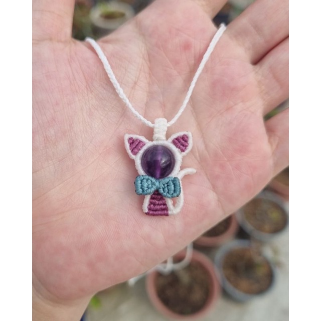 Móc khóa mèo thắt macrame, dây chuyền mèo phối 1 hạt c.r.y.s.t.a.l