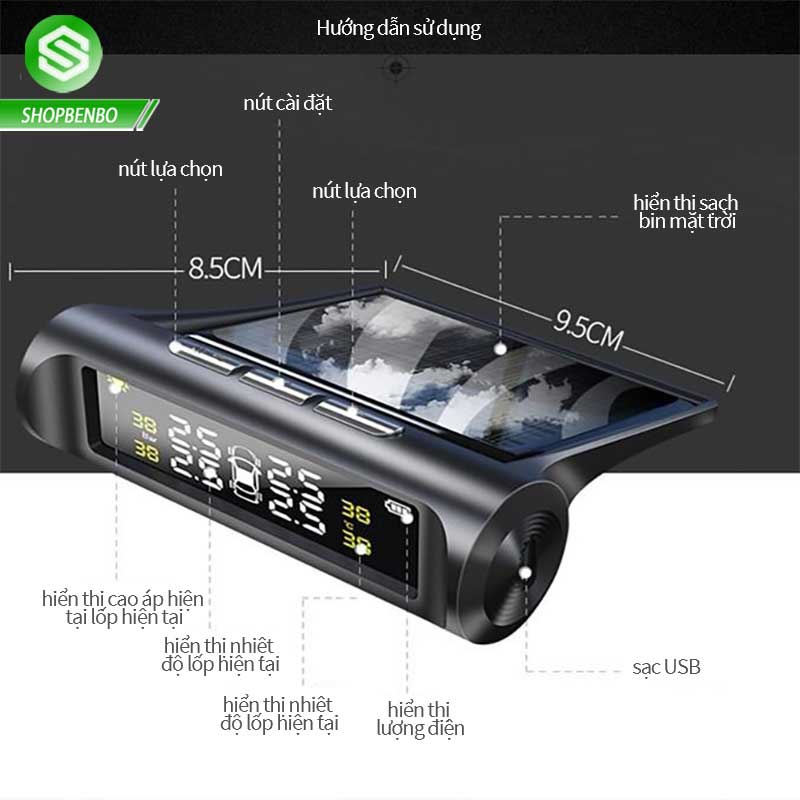 Cảm biến áp suất lốp ô tô xe hơi gắn ngoài cao cấp Màn LCD Pin hỗ trợ năng lượng mặt trời tuổi thọ，cảnh báo thông minh