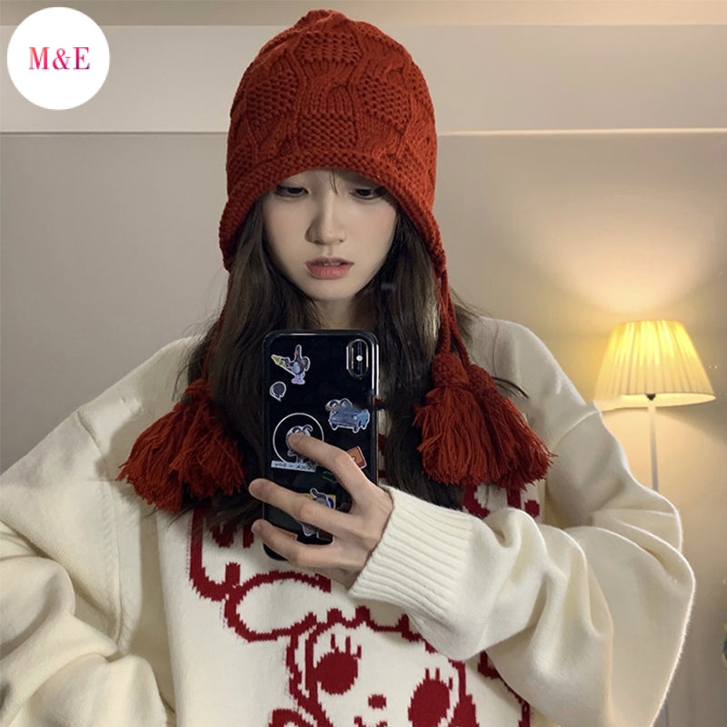 Nón Len Trùm Tai Phối Tua Rua Phong Cách Giáng Sinh Thời Trang Thu Đông Cho Nữ