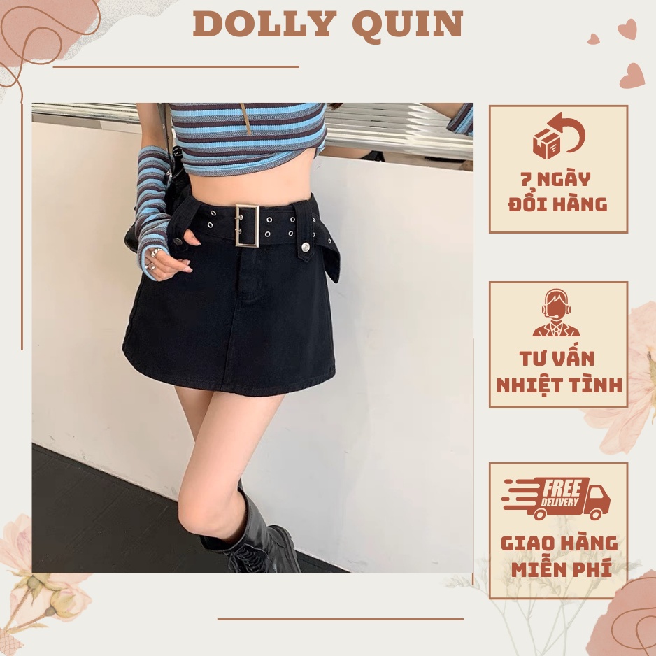 Chân váy bò chữ a cạp cao váy jeans ngắn có quần trong thời trang màu đen cá tính VJ01