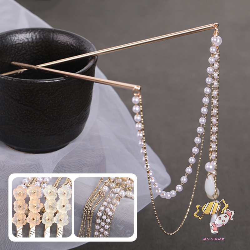 YADORNOS Trâm Cài Tóc Dạng Chuỗi Xích Kép Đính Ngọc Trai Bằng Hợp Kim Phong Cách Trung Hoa Cho Nữ