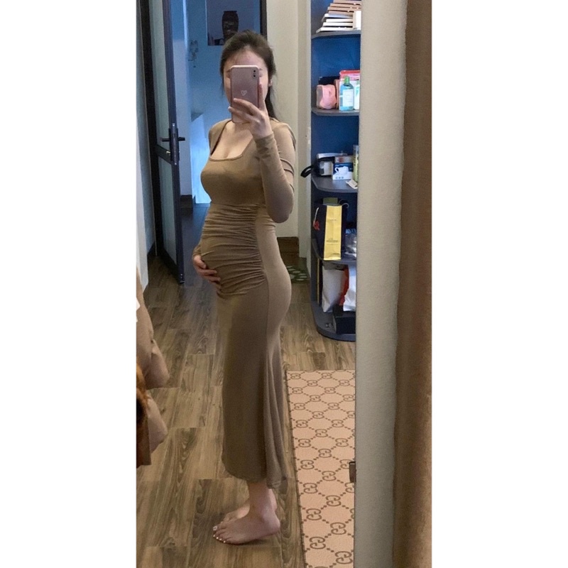 Váy Body Cổ Vuông Dài Tay Nhúm Eo Dáng Dài Đuôi Cá , Đầm Ôm Body Nhúm Eo Tôn Dáng