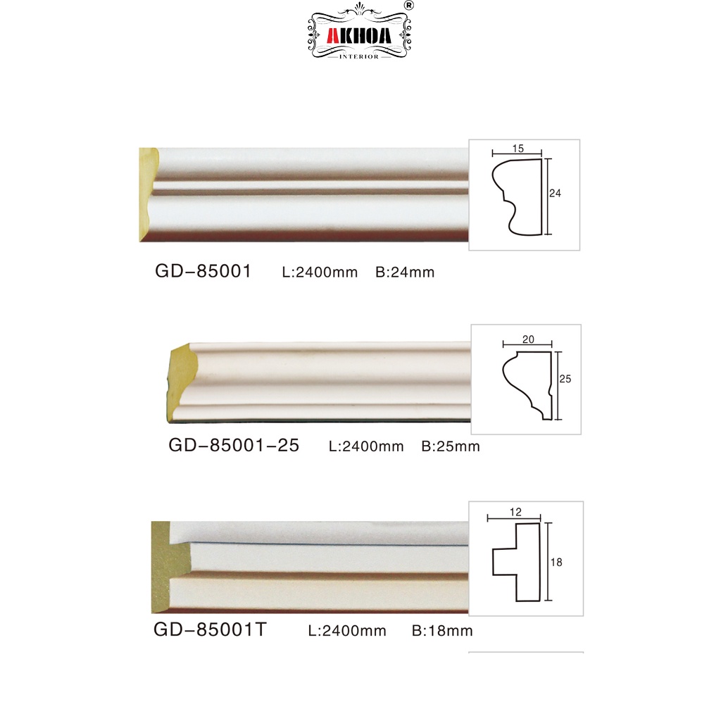 Phào PU chỉ tường trơn, kích thước cắt 2x1m2, chất PU bền, combo keo AKhoa bond mã GD-85001(2m4)