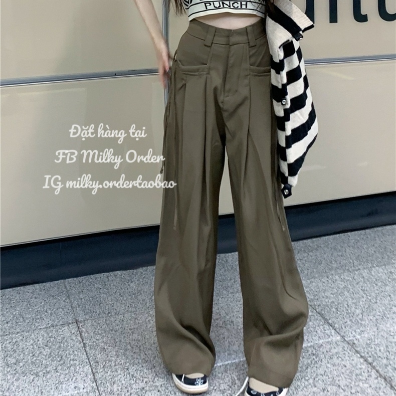 Milky Order Quần tây ống suông rộng xanh rêu đậm trắng thắt dây Hàn Quốc hot trend taobao ulzzang