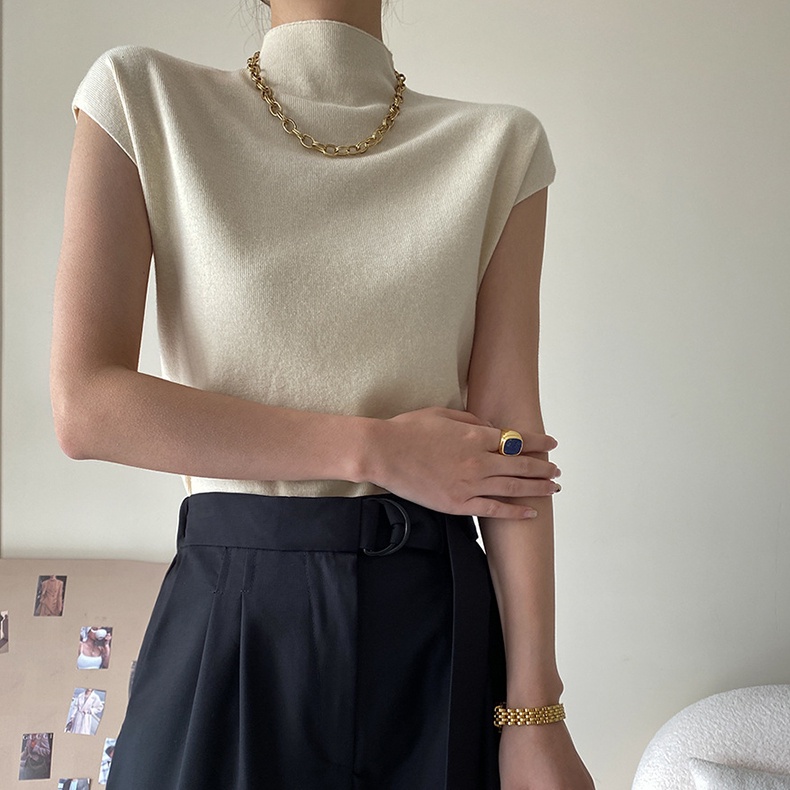 Áo dệt kim SUXI không tay cổ cao ôm dáng thời trang mùa hè cho nữ