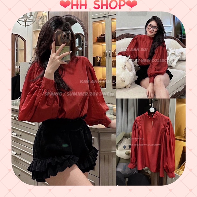 Sơ mi đỏ cổ tàu tay bồng hot hit hàng loại 1 cực đẹp