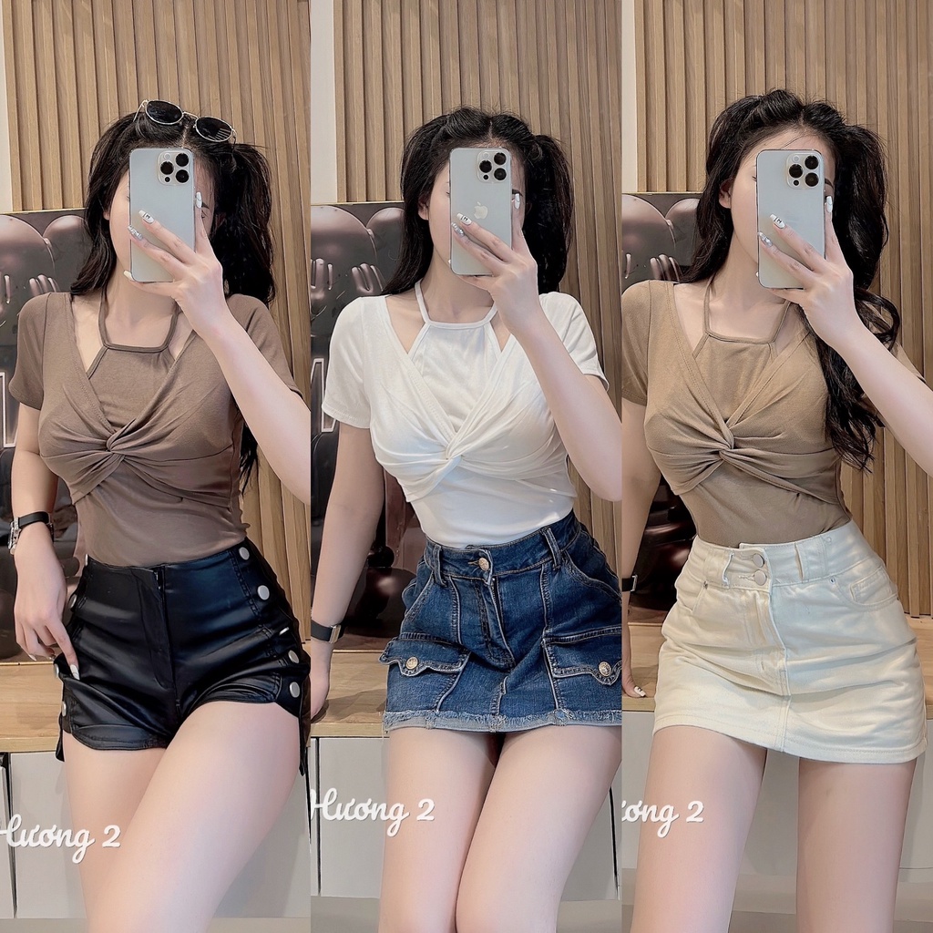 Áo thun kiểu cổ yếm xoắn ngực sexxy, Áo phông dáng ôm co giãn AT6420 - NhiNhi Shop | BigBuy360 - bigbuy360.vn