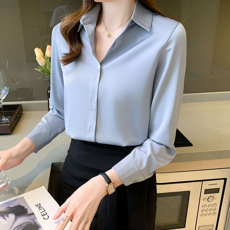 Áo Sơ Mi Vải Satin Tay Dài Màu Trơn Thời Trang Công Sở Dành Cho Nữ