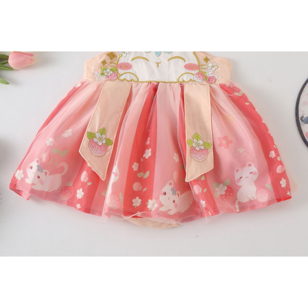 Đầm Hán phục BCBL không tay họa tiết mèo trăng tròn cho bé gái