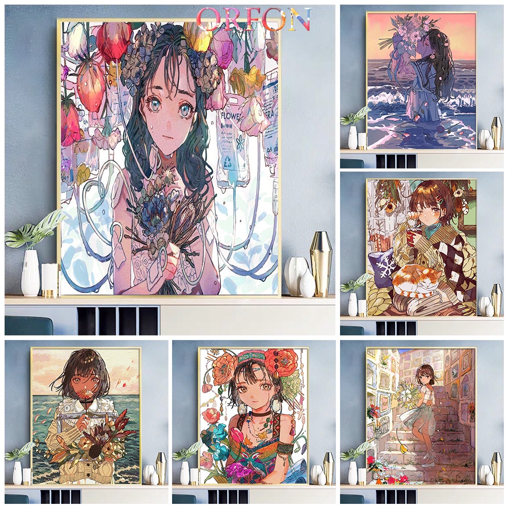 Bộ Dụng Cụ Vẽ Tranh Sơn Dầu Hình Cô Gái Anime Dễ Thương Dùng Trang Trí Phòng Khách / Phòng Ngủ / Trẻ Em