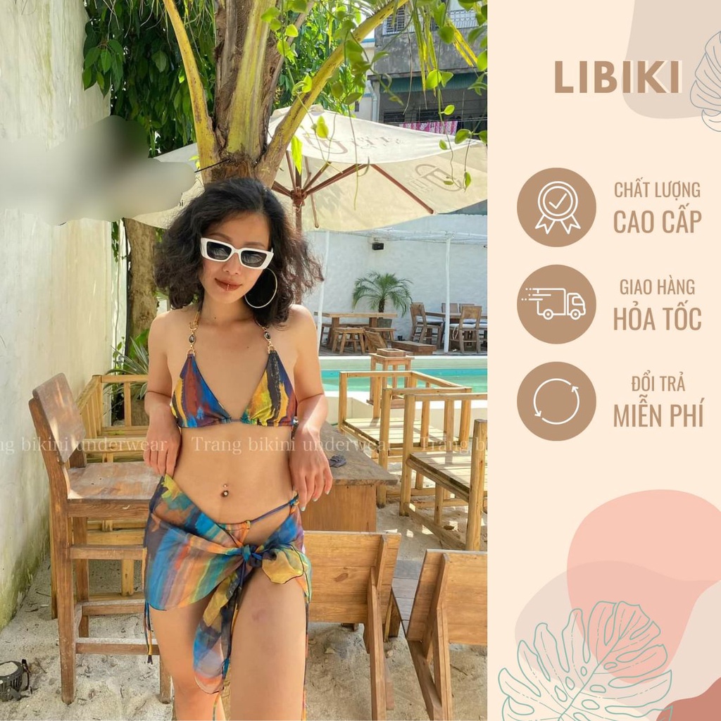 Set bikini 3 mảnh loang xanh kèm khăn voan, chất thun lạnh