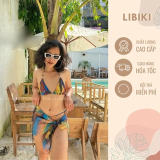 Set bikini 3 mảnh loang xanh kèm khăn voan, chất thun lạnh