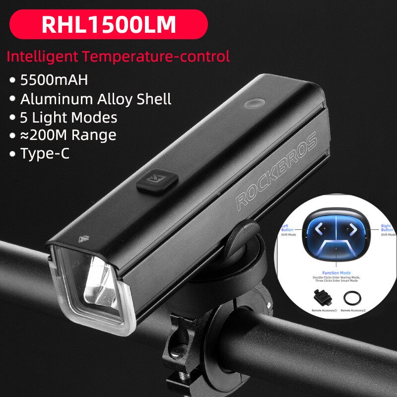Rockbros Đèn Pha Xe Đạp 1500LM 5500mAh IPX6 Bằng Hợp Kim Nhôm Chống Thấm Nước Kèm Điều Khiển Từ Xa