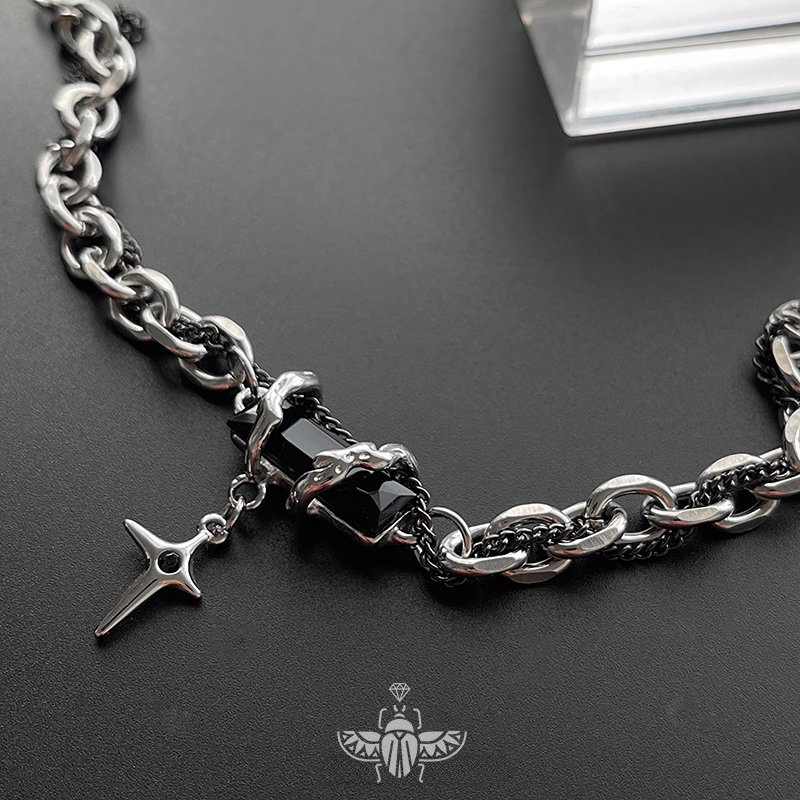 Vòng Tay Thép Titan Đính Đá Kim Cương Đen Thời Trang Cho Cặp Đôi S9187