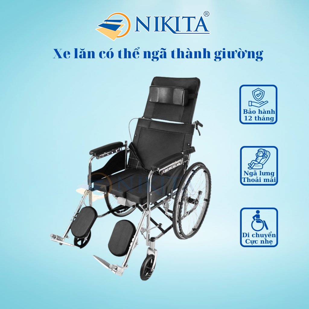 Xe lăn cho người già - Có thể ngã thành giường, bô vệ sinh, gập gọn du lịch - Hàng chính hãng NIKITA