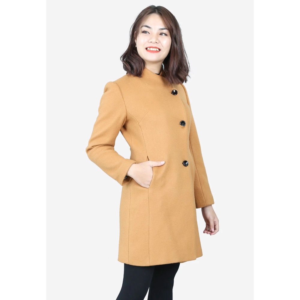 Áo măng tô 2 lớp tay dài dạ len nâu cổ tàu nẹp giấu khuy túi sườn đai lưng The One Fashion AKB020NA1