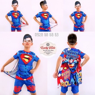 SIZE 11-15/ Bộ siêu nhân super tặng kèm choàng mặt nạ 3D Samkids -Đồ siêu nhân hoá trang tay ngắn bé trai