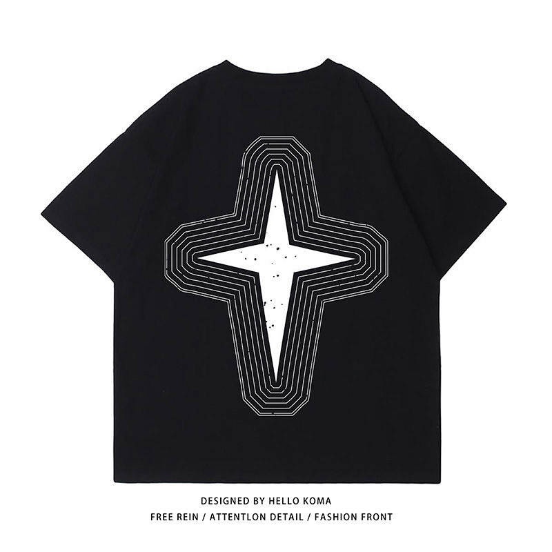 Áo thun cotton ngắn tay dáng rộng in họa tiết thời trang đường phố cho nam nữ phong cách Hồng Kông mùa hè