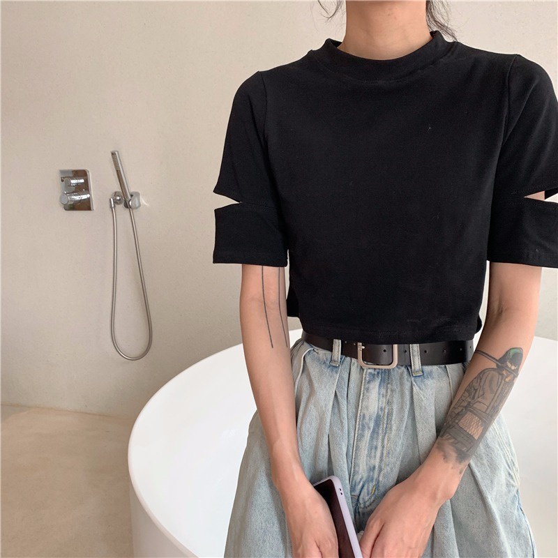 Áo croptop SUXI tay ngắn cổ tròn dáng ôm phong cách tối giản cho nữ