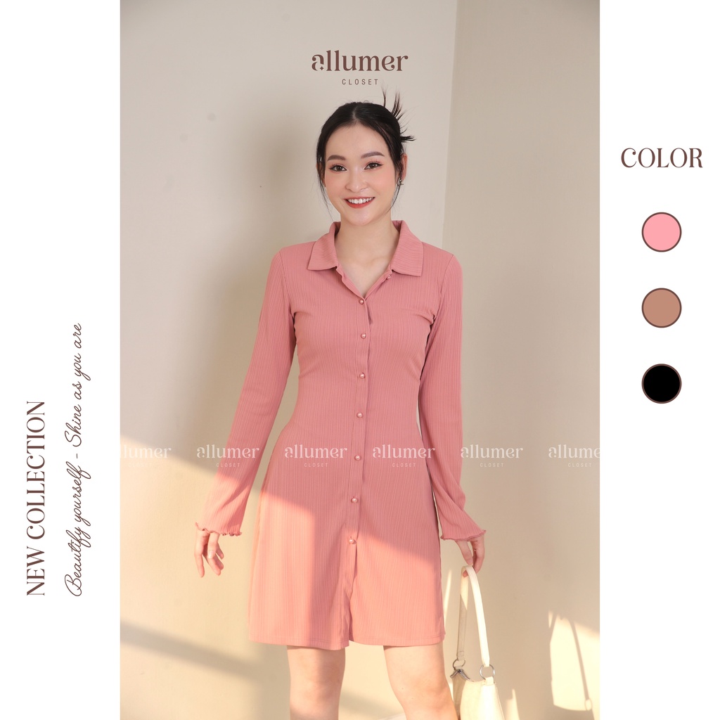 Đầm nữ thun tay dài dáng xoè Allumer Closet vải thun sọc màu đen năng động, mát mẻ