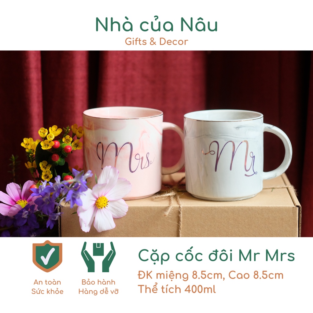 CỐC ĐÔI Mr Mrs 350ml, Sứ hoa vân đá mable phù hợp cho cặp đôi, làm quà valentine, quà cưới; uống trà, cafe, làm cốc uốn