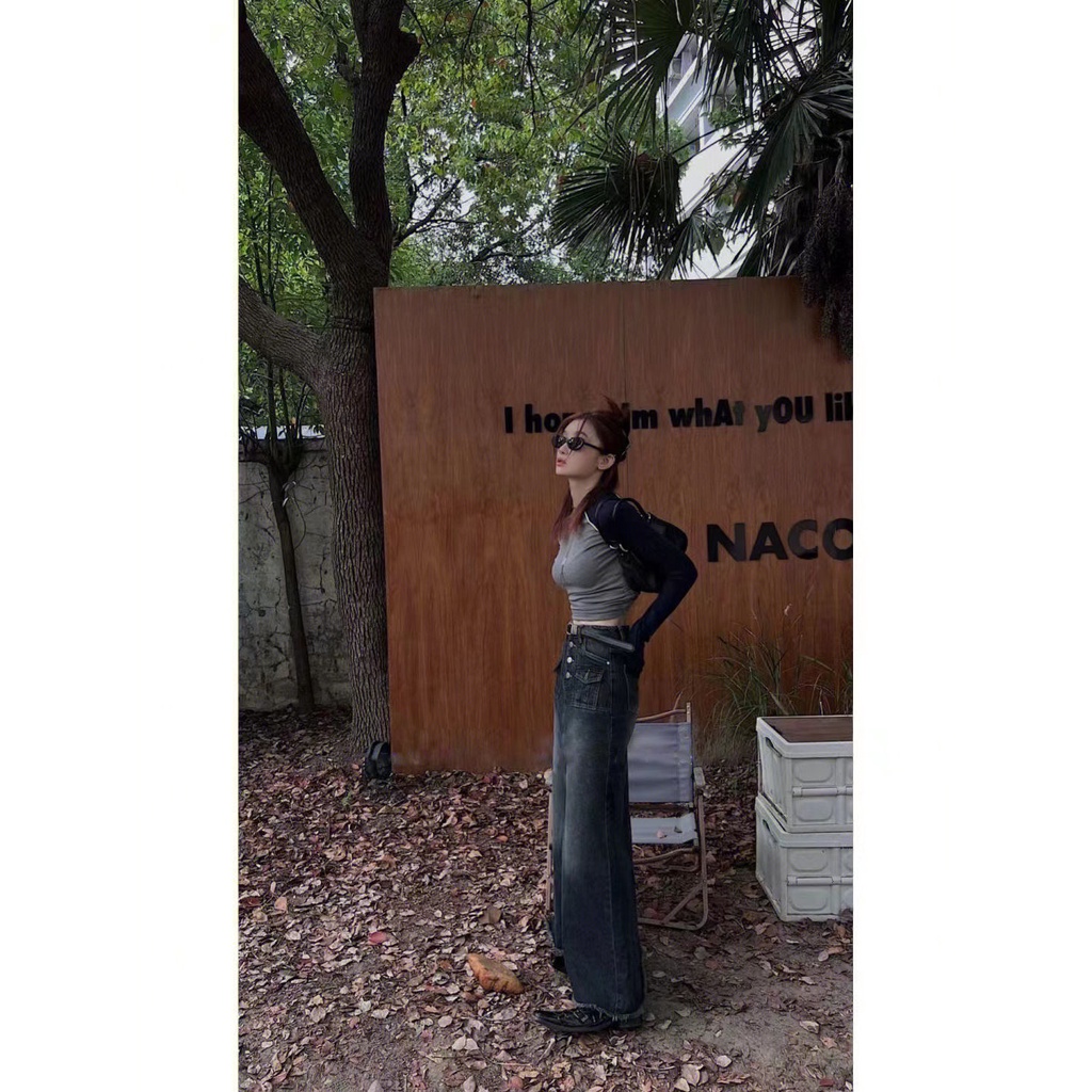 Chân Váy Denim Dài Dáng Chữ A Lưng Cao Phối Túi Phong Cách Hàn Quốc Thời Trang Cho Nữ