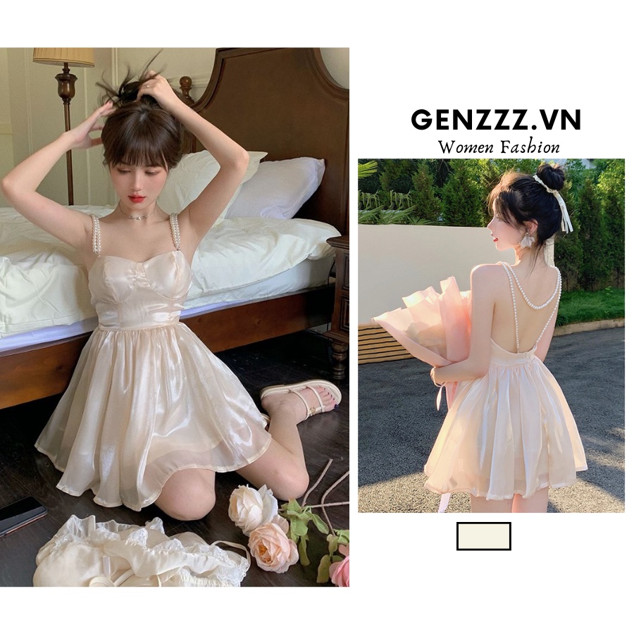 Đầm xếp ly hở lưng phối dây áo ngọc trai cao cấp, sang chảnh, váy voan ngắn ngọt ngào, thướt tha thời trang xuân hè mới dành cho nữ