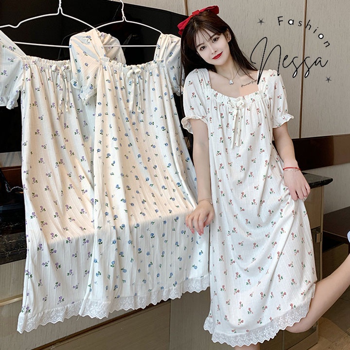 Váy Ngủ Nữ Cộc Tay Mùa Hè Đồ Mặc Ở Nhà Pijama Vải Cotton Cổ Tròn Dài Qua Gối Co Giãn 4 Chiều Xuân Thu Đi Chơi Biển VN01