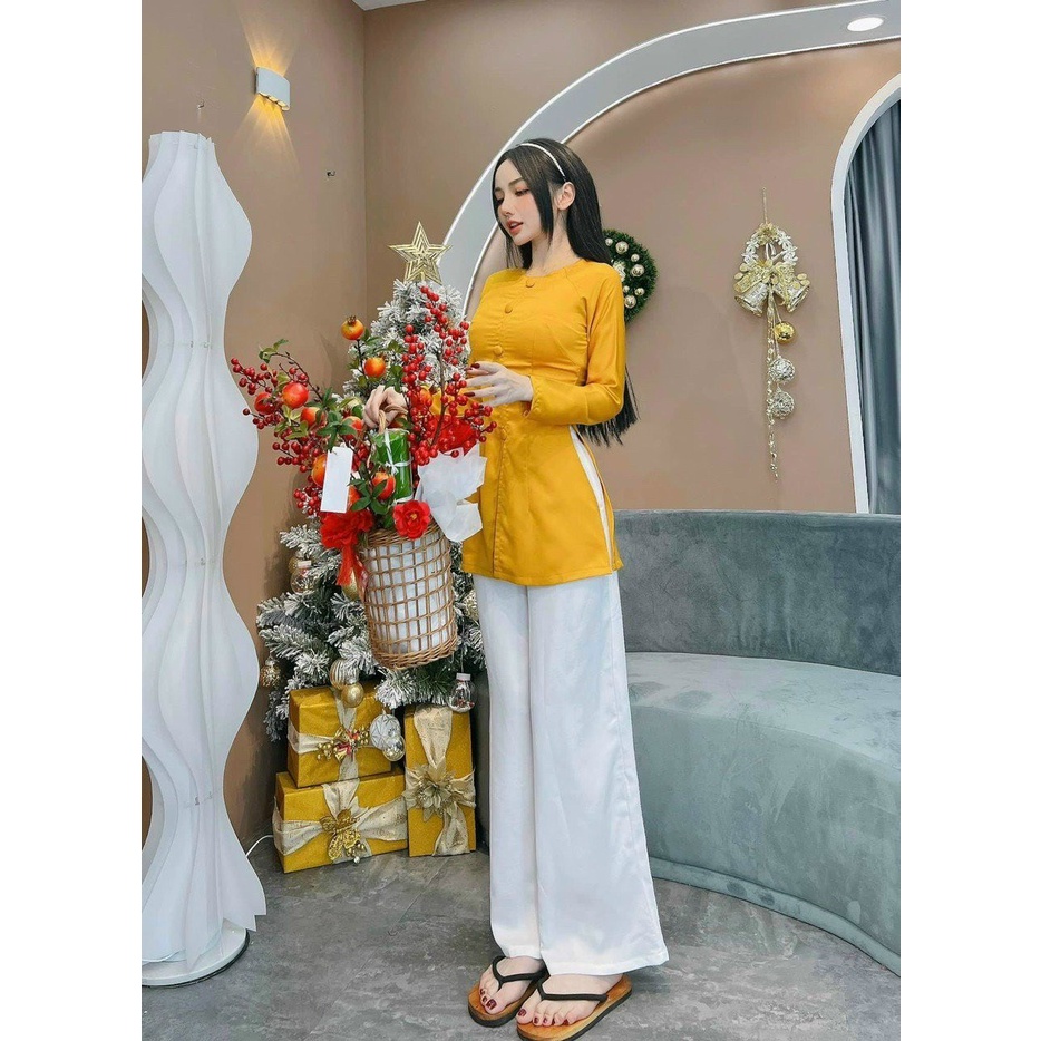 Set bộ đồ bộ lam vải tuyết nhung áo bà la tay dài kèm quần ống suông phối màu