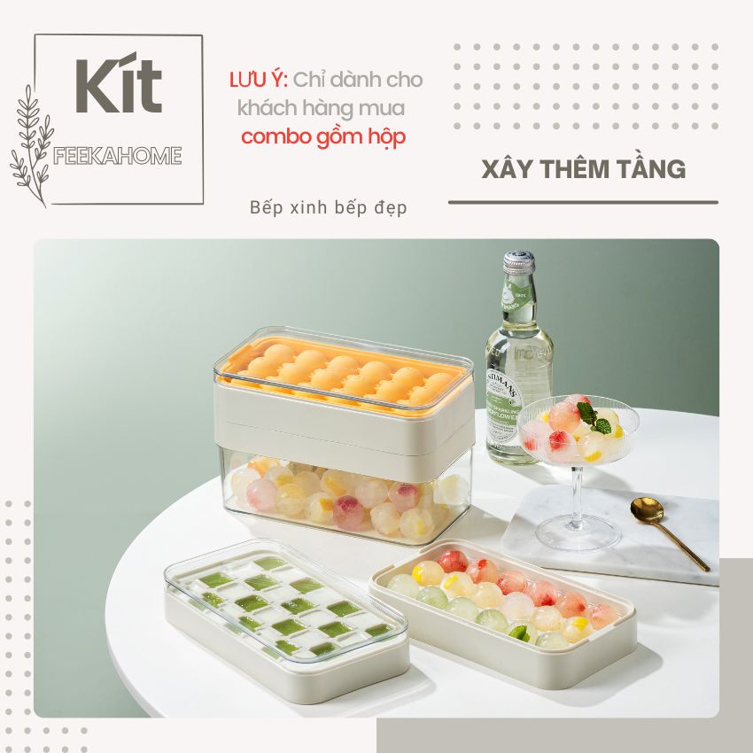 Combo khay đựng đá tròn có nắp silicon để tủ lạnh xếp chồng có kèm hộp, khay làm đá tròn silicon nhiều tầng FEEKA