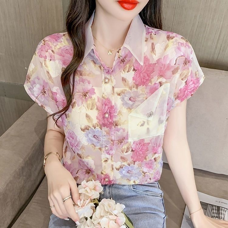 Áo Sơ Mi Chiffon Tay Ngắn In Hoa Mẫu Mới 2023 Phong Cách Phương Tây Cho Nữ