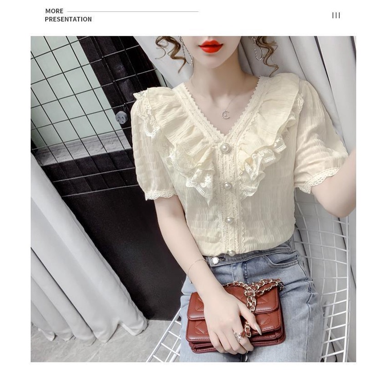 Áo Sơ Mi Chiffon Tay Ngắn Cổ Chữ v Phối Ren Thời Trang Mùa Hè 2023 Phong Cách Pháp Ngọt Ngào Cho Nữ