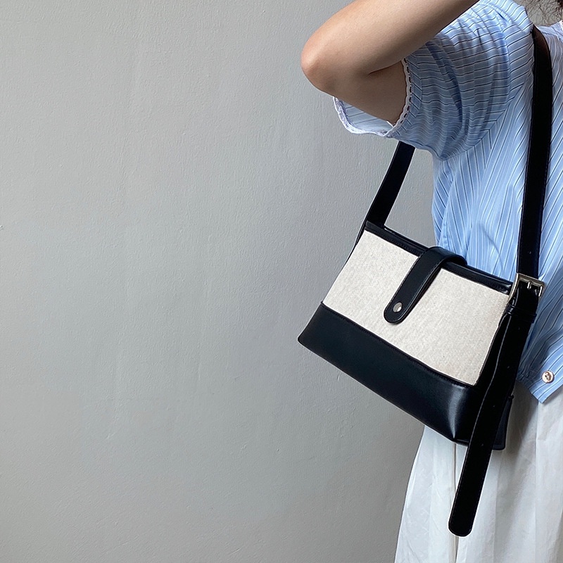 Túi Xách Đeo Vai Bằng Vải Bạt Ghép Nối Màu Sắc Đơn Giản Phiên Bản Hàn Quốc Mới 2023