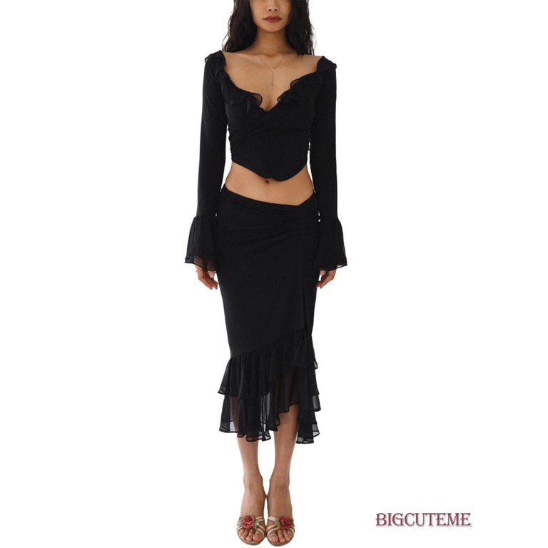 Set Đồ Mùa Hè 2 Món Gồm Áo Tay Dài Cổ V Nhún Bèo Màu Sắc Trơn + Chân Váy Đuôi Cá Eo Thấp Xẻ Tà Cho Nữ