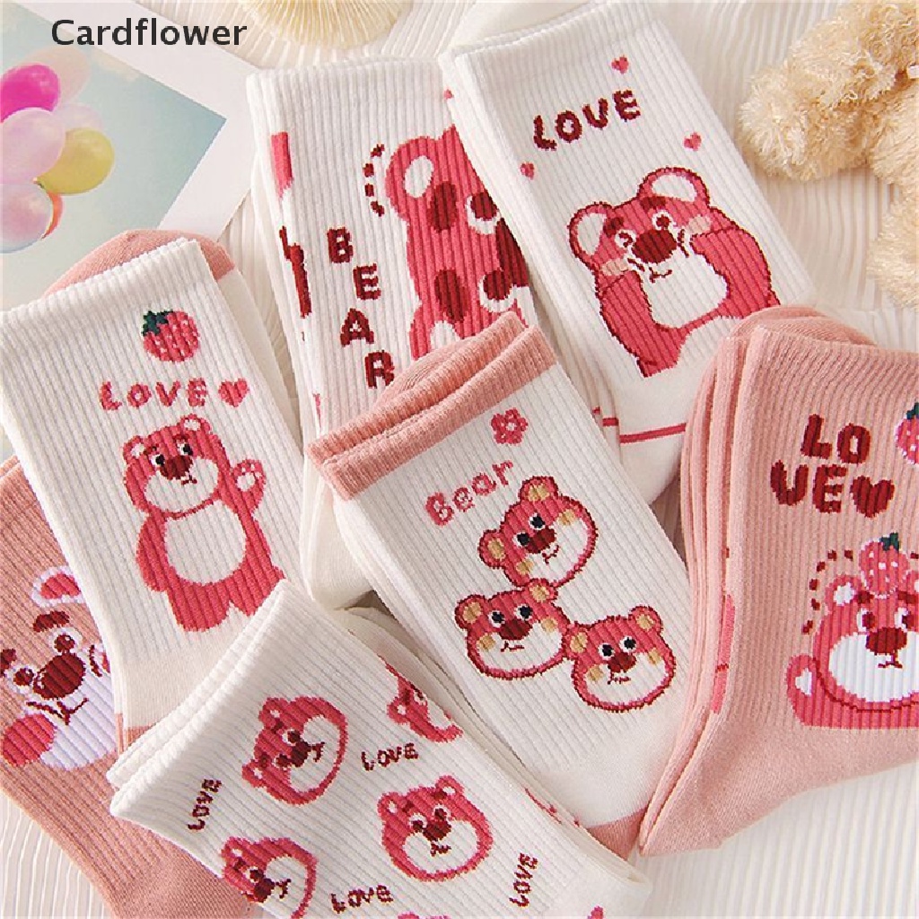 < Cardflower > Vớ Ống Lửng Họa Tiết Gấu Dâu Tây Hoạt Hình Phong Cách Hàn Quốc Dễ Thương Hợp Thời Trang