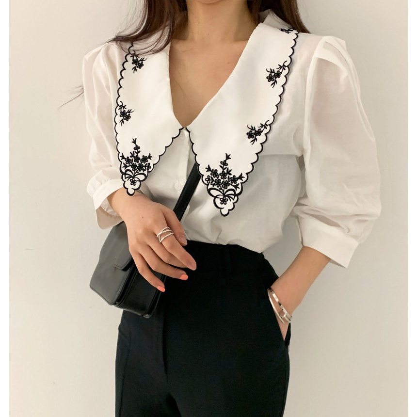 Áo Sơ Mi Tay Phồng Thêu Họa Tiết Phong Cách Retro Hàn Quốc