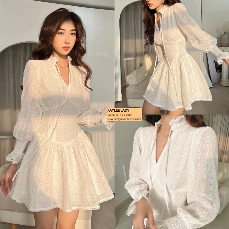 Váy Đầm Trắng Ôm Eo Cổ Đứng Ren Thô Tay Bo Chun Đứng Form Chất Đẹp 2Lớp Kaylee