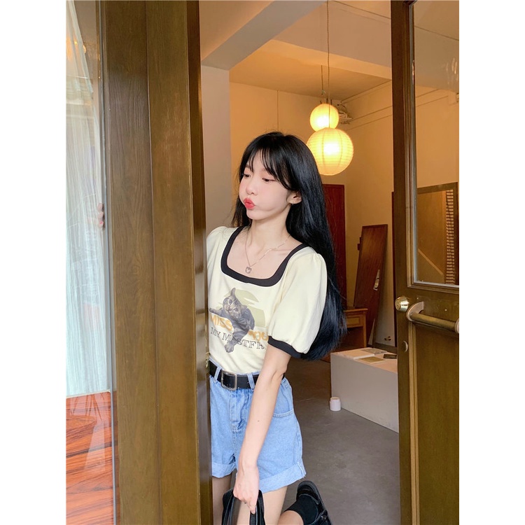 Áo Thun Ngắn Tay Cổ Vuông Màu Sắc Tương Phản Phong Cách vintage Cho Nữ