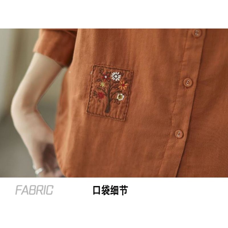 ICE Cotton and Linen Shirt Embroidered Pocket Long Sleeve Lapel Foreign Trade Original Order Leftover Stock Retro Literary Lady Spring Slim-Fit Cardigan