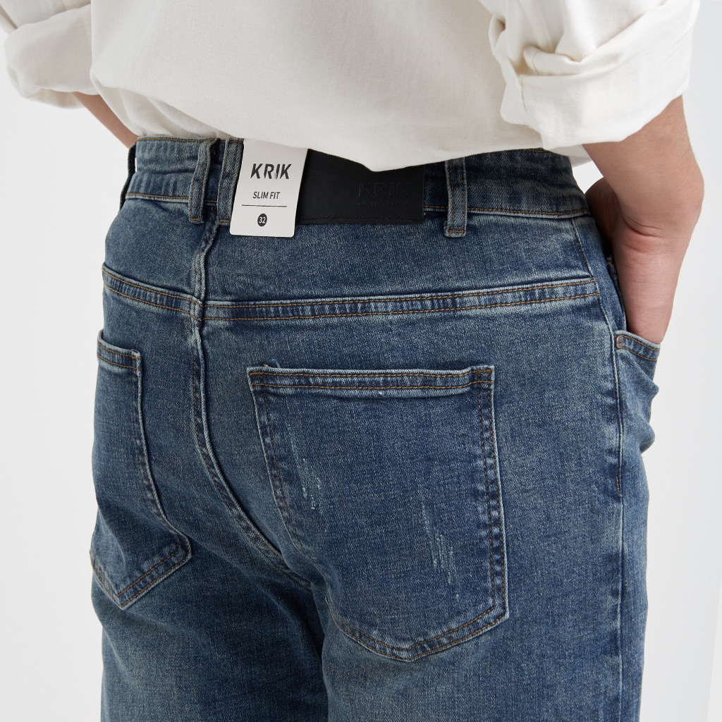 Quần Jean Nam Local Brand KRIK Dáng Slimfit Hàn Quốc, Màu Xanh Rách Xước Cá Tính QJ0352