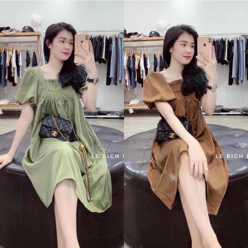 Đầm bầu váy bầu mùa hè chất mát dang suông Thiết kế cổ vuông chun ngực đẹp và sang