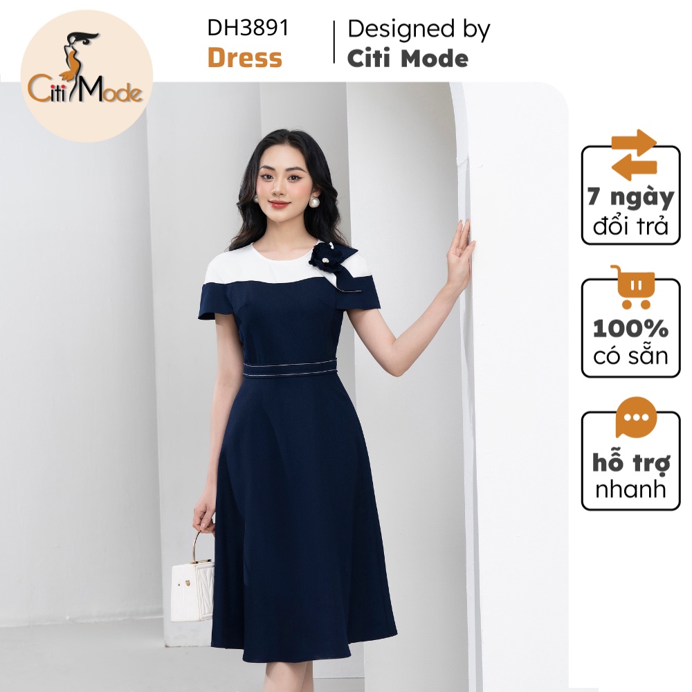 Đầm Công sở CITI MODE FASHION thiết kế dáng xoè xanh đính hoa ngực DH3891