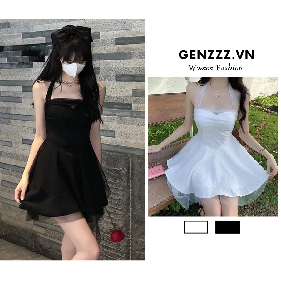 Đầm cổ yếm phối lưới Ullzang, váy xòe hở vai tiểu thư, sang chảnh mặc đi dự tiệc, đi chơi, du lịch, dự sinh nhật, thời trang xuân hè dành cho nữ
